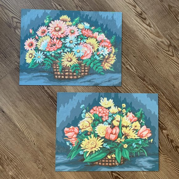 2 VTG Paint by Numbers Flower Baskets Floral Cottage 70s Boho Unframed Set - Picture 5 of 11